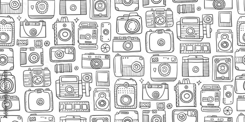 Old fashioned vintage photocamera. Retro and new collection for your design. Seamless pattern background. Vector illustration