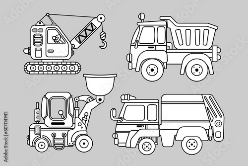 Outline Construction car, Crawler Crane, wheel Loader and dumps truck  isolated on white background. flat cartoon design. icon set. stroke, thin line Vector, illustration.