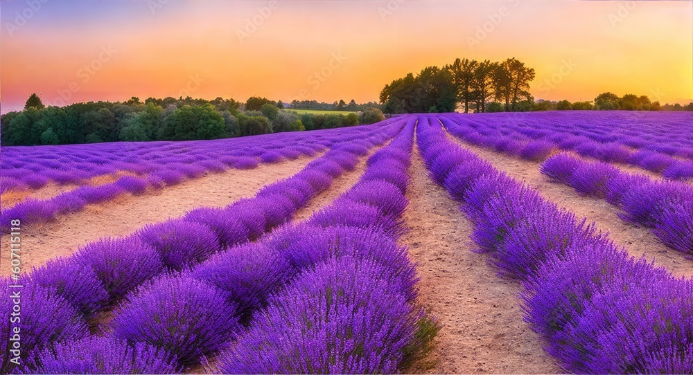 Obraz premium Lavender field at sunset,generative ai 