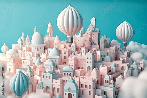 Generative AI illustration of Muslim City with many mosques floating in the sky surrounded by white clouds, the Muslim paradise