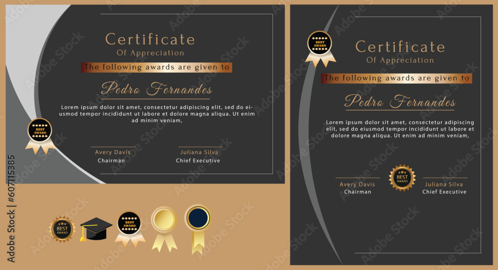 White black and gold certificate of achievement border template with ...
