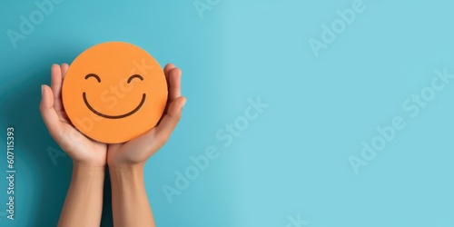 Hand holding paper cut smile face, positive thinking, mental health assessment , world mental health day concept, generative ai