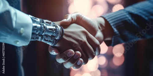 Digital robot handshake human background futuristic digital age robot science digital technology. business hand robot handshake, artificial intelligence digital transformation, generative ai