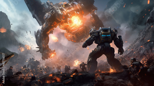 game characters. Action scene with soldiers in armor at war against invading monsters and aliens, science fiction. epic battle. High tech. AI generated image.
