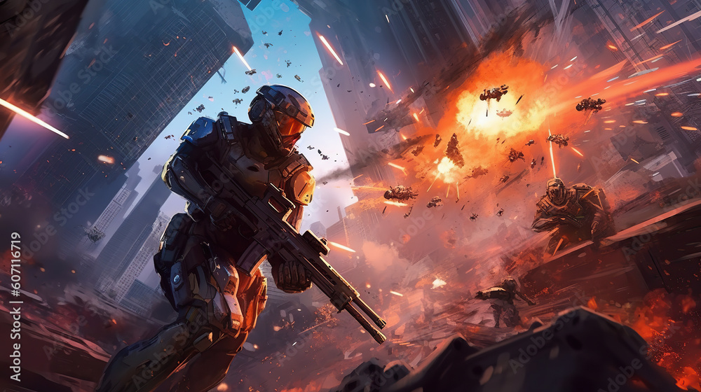 game characters. Action scene with soldiers in armor at war against invading monsters and aliens, science fiction. epic battle. High tech. AI generated image. game characters. Action scene with soldiers in armor at war against invading monsters and aliens, science fiction. epic battle. High tech. AI generated image.