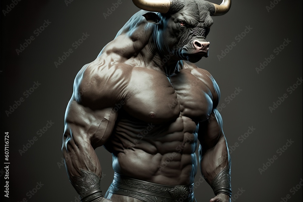 Bodybuilder With A Bull's Head On A Dark Neutral Background. Ai Generated Bodybuilder With A Bull's Head On A Dark Neutral Background. Ai Generated