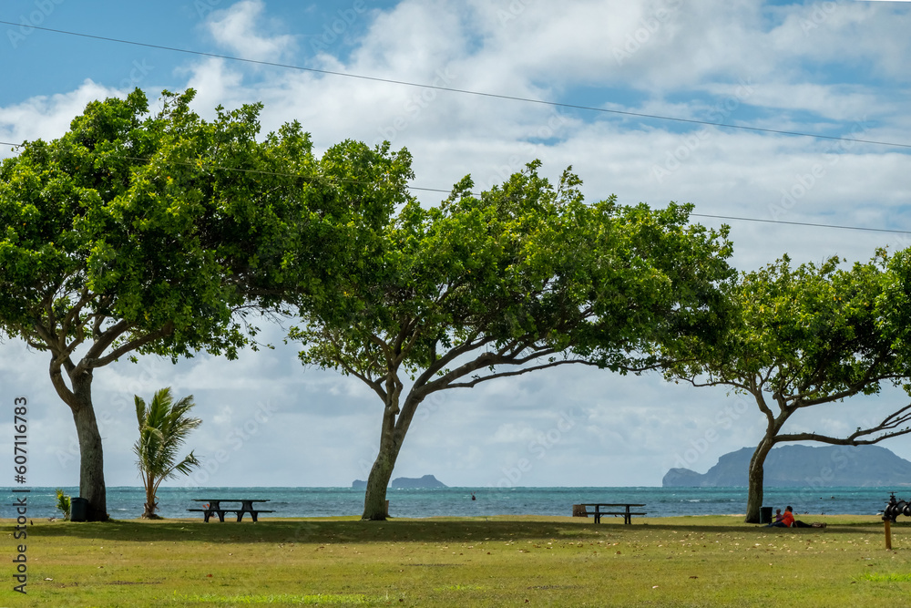 Kualoa mountain range panoramic view, famous filming location on Oahu island, Hawaii