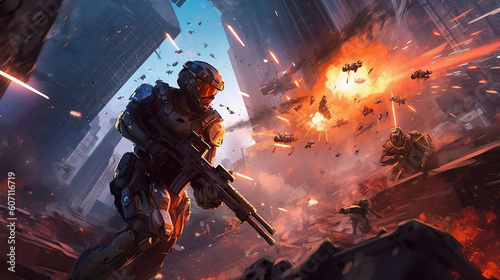 game characters. Action scene with soldiers in armor at war against invading monsters and aliens, science fiction. epic battle. High tech. AI generated image.
