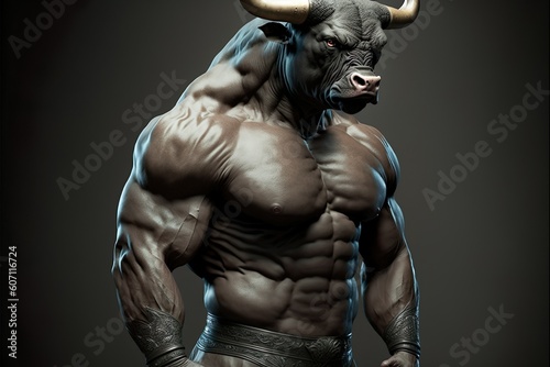 Bodybuilder With  A Bull's Head On A Dark Neutral Background. Ai Generated photo