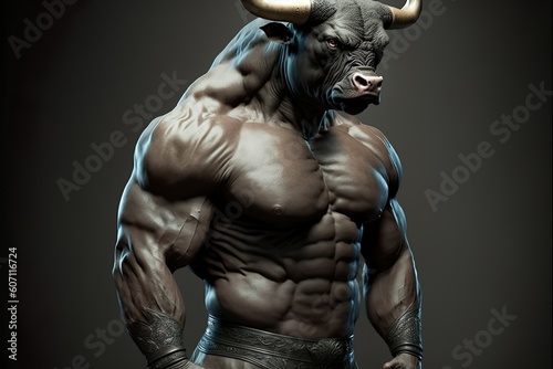 Bodybuilder With A Bull's Head On A Dark Neutral Background. Ai Generated