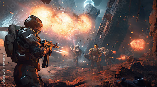 game characters. Action scene with soldiers in armor at war against invading monsters and aliens, science fiction. epic battle. High tech. AI generated image.