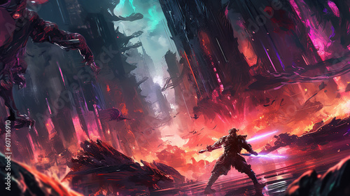 game characters. Action scene with soldiers in armor at war against invading monsters and aliens, science fiction. epic battle. High tech. AI generated image.