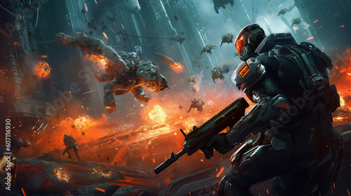 game characters. Action scene with soldiers in armor at war against invading monsters and aliens, science fiction. epic battle. High tech. AI generated image.