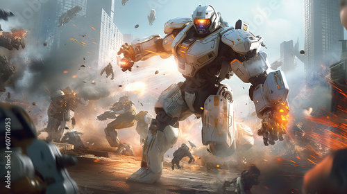 game characters. Action scene with soldiers in armor at war against invading monsters and aliens, science fiction. epic battle. High tech. AI generated image.