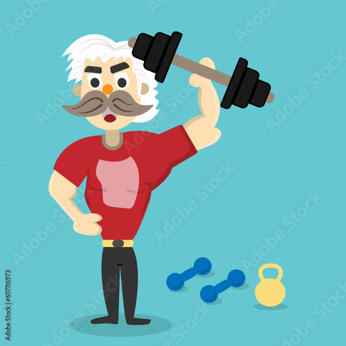 A healthy old man is lifting weights. grandpa with confident exercising holding equipment up, lifts it with strength and power. Health care and Ageing Society concept. flat cartoon design.