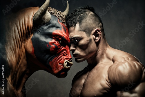 MMA Fighter Facing Off A Giant Bull photo