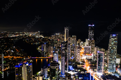 Glowing Splendor: Mesmerizing Aerial View of Surfers Paradise's Luminescent Downtown Buildings © BEEWHYLD