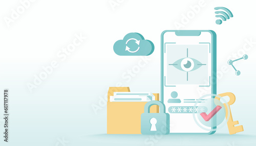 Safety and security technology concept. Iris scan access to account, backup data, firewall, sensitive data, protect personal detail. Flat vector design illustration with copy space.