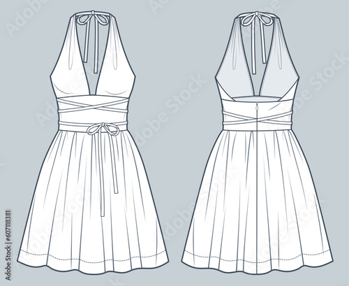 Halter Neck Dress technical fashion Illustration. Mini Dress fashion flat technical drawing template, draping, tie knot, zip-up, front and back view, white, women CAD mockup.