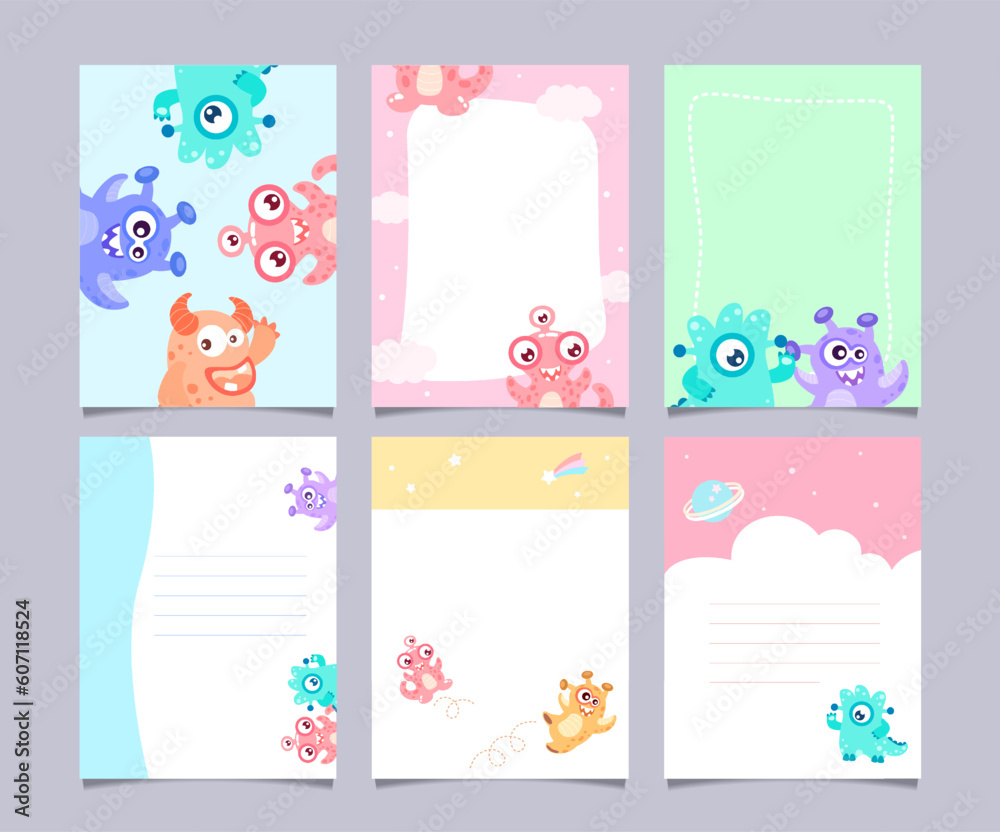 Set of cute birthday card, monster character collection