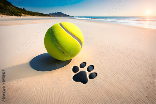 a dog's perspective, with a tennis ball, a frisbee, and paw prints on a sandy beach © Beste stock