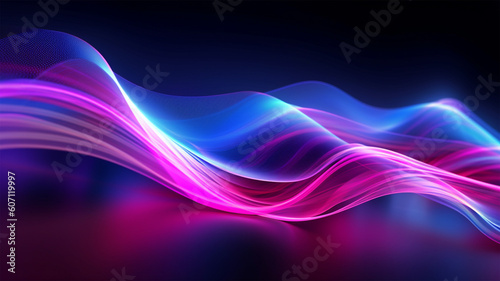 Dynamic Futuristic Background with Vibrant Neon Wave Lines and Glowing Bokeh Lights, Embracing the Essence of Data Transfer. Generative AI