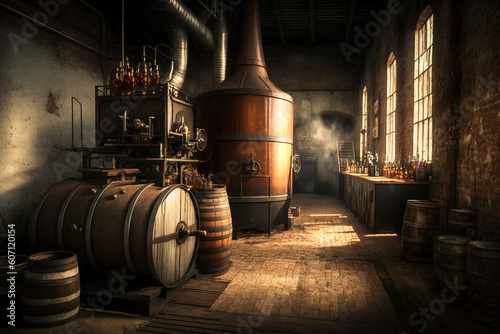 Vintage brewery interior. Created with Generative AI technology.