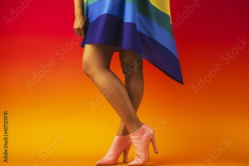 Expressive Generative AI pride photo of a lesbian woman with rainbow flag patterns. Inclusive society with equal rights. Pride day month celebration of diversity and inclusion. 