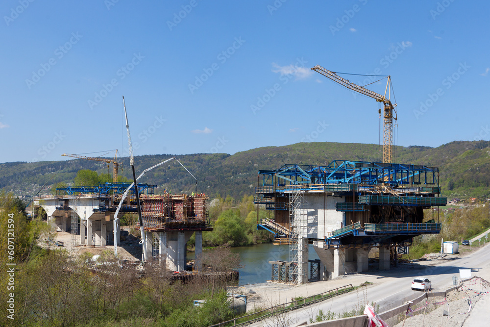 road under construction, bridge construction site on slovakia. Construction of a mass rail transit line in progress