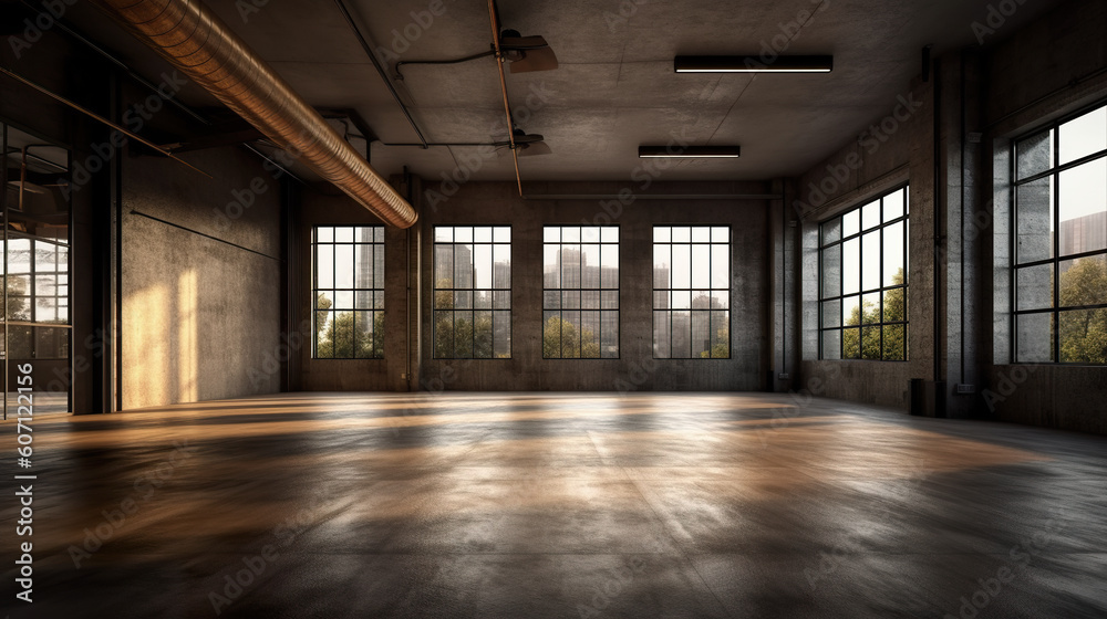 A large empty room with lots of windows. Generative AI. Street dance studio in urban loft room. A large empty room with lots of windows. Generative AI. Street dance studio in urban loft room.