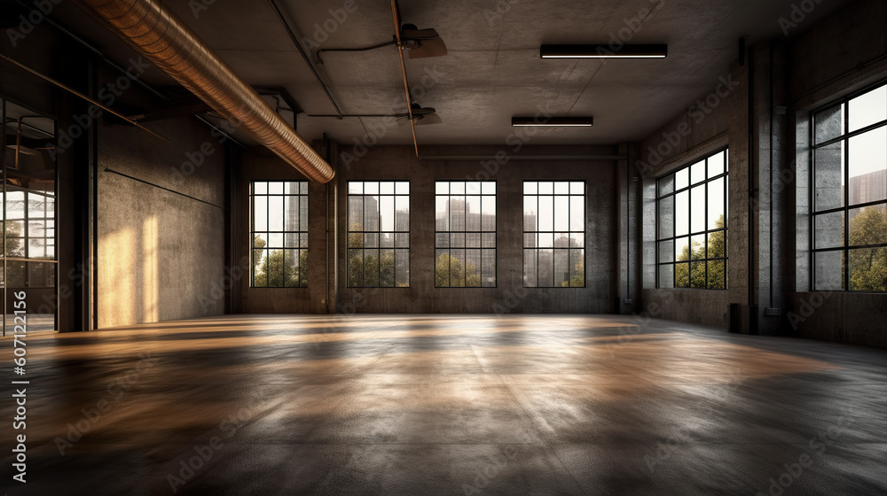 A large empty room with lots of windows. Generative AI. Street dance studio in urban loft room.