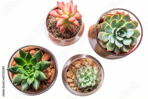Four different succulent echeveria plants isolated on white background Generative AI