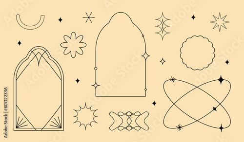 Vector set of linear minimalistic aesthetic frames, borders, geometric shapes with stars in boho and funky 2yk style. Rectangular, arch elements for social media, decoration, logo design template