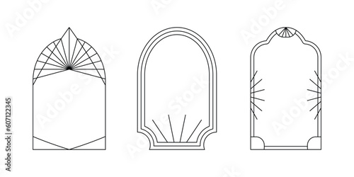 Vector set of linear minimalistic aesthetic frames and borders with stars. Rectangular, arch modern geometric shapes in art deco style with sparkles for social media, decoration, logo design template