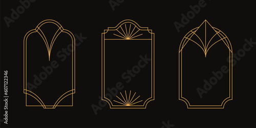 Vector set of linear minimalistic aesthetic frames and borders with stars. Rectangular, arch modern geometric shapes in art deco style with sparkles for social media, decoration, logo design template
