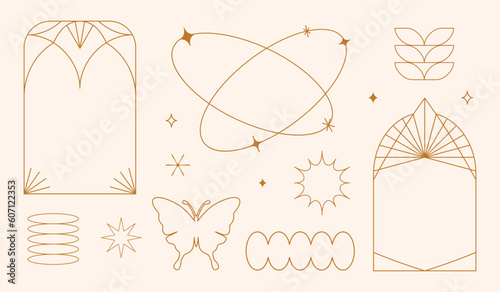 Vector set of linear minimalistic aesthetic frames, borders, geometric shapes with stars in boho and funky 2yk style. Rectangular, arch elements for social media, decoration, logo design template