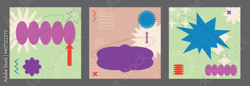 Vector set of trendy abstract retrowave, futuristic and Y2k style card illustrations with memphis geometric shapes. Retro 90s Pop Art Backgrounds for package design, textile, fashion, fabric print