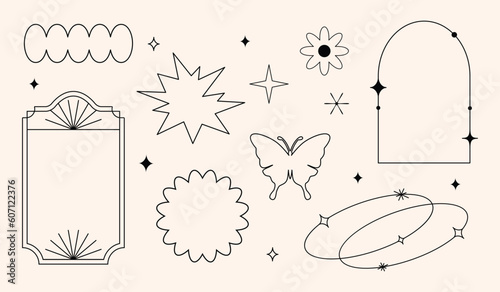 Vector set of linear minimalistic aesthetic frames, borders, geometric shapes with stars in boho and funky 2yk style. Rectangular, arch elements for social media, decoration, logo design template