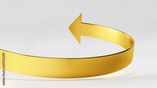 3d render, abstract curvy gold arrow turns back, isolated on white background. Metallic direction sign photo