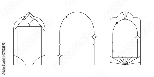 Vector set of linear minimalistic aesthetic frames and borders with stars. Rectangular, arch modern geometric shapes in art deco style with sparkles for social media, decoration, logo design template