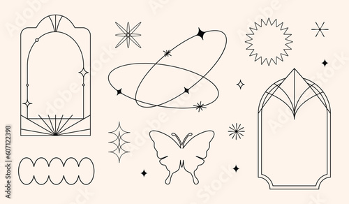 Vector set of linear minimalistic aesthetic frames, borders, geometric shapes with stars in boho and funky 2yk style. Rectangular, arch elements for social media, decoration, logo design template