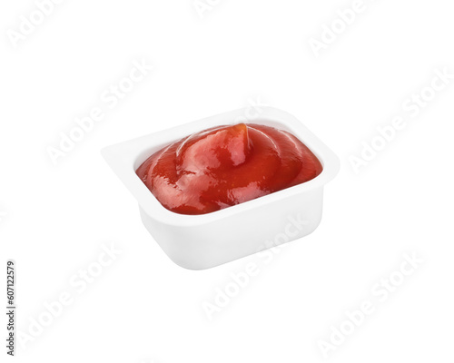 ketchup in a plastic container on a transparent background