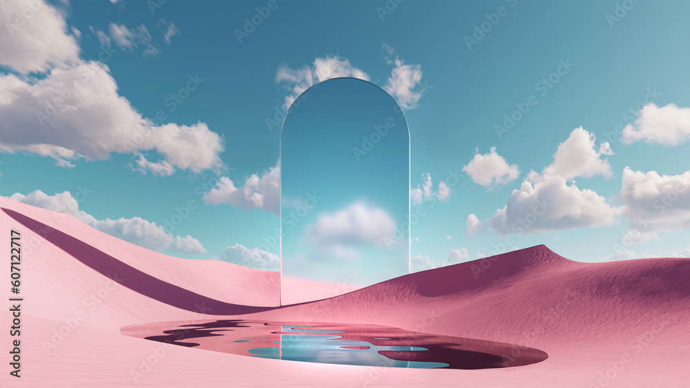3d render. Abstract fantastic background. Surreal fantasy landscape. Pink desert with lake and geometric mirror under the blue sky with white clouds. Modern minimal wallpaper - obrazy, fototapety, plakaty 