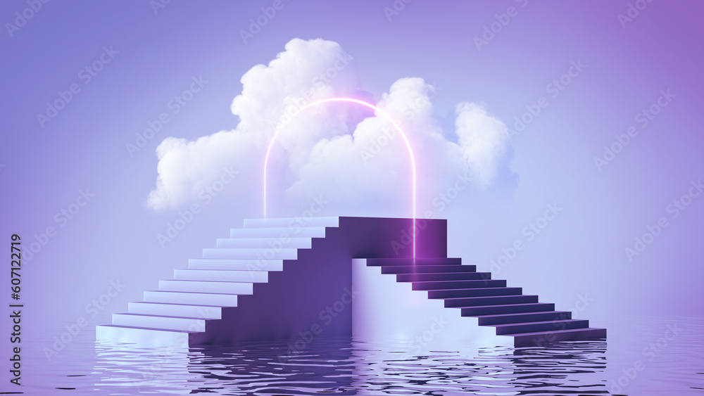 3d render, abstract violet geometric background. Modern minimal showcase for product presentation, simple scene with steps, empty pedestal, neon rounded arch, white cloud and reflections in the water
