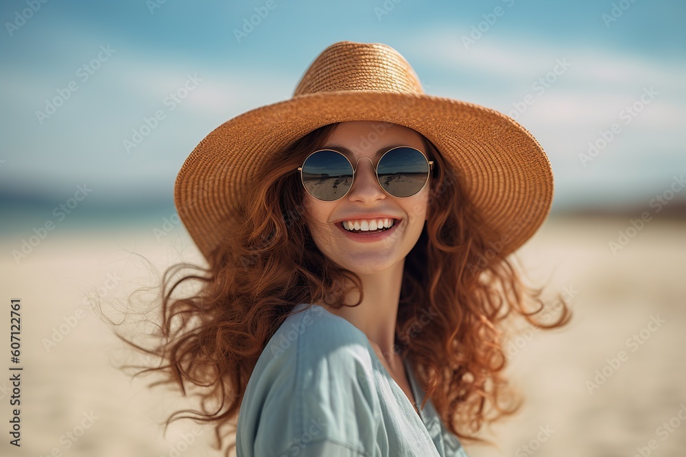  brown hair Happy smiling Young beautiful women wear a hat and sunglass in summer