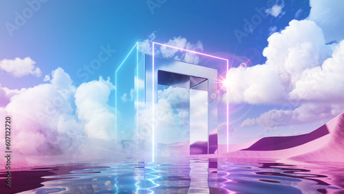 3d render. Abstract aesthetic background. Surreal fantasy landscape. Water, pink desert, neon linear arch and chrome metallic gate under the blue sky with white clouds. Virtual reality wallpaper © wacomka