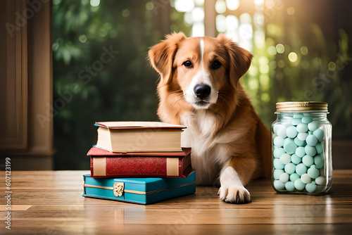 a heart-melting flat lay composition with a stack of doggy adoption books, a plush dog toy, and a donation jar for a local animal shelter