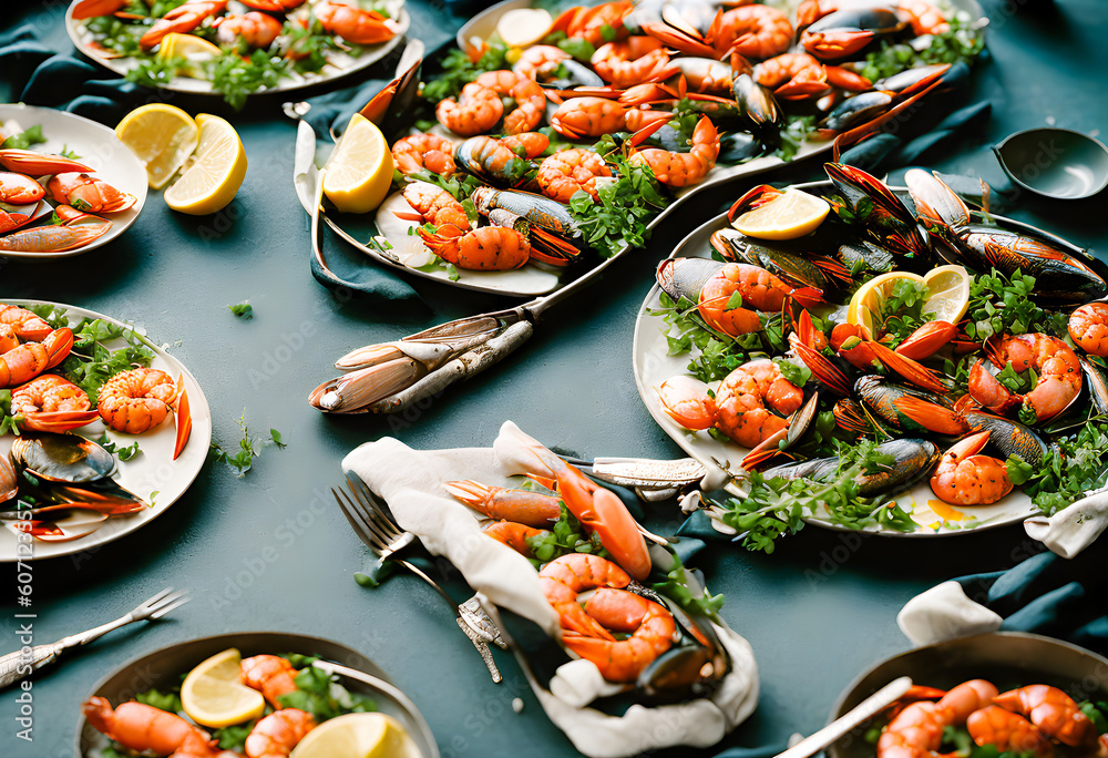 Fresh Mixed seafood on table, with a black background. Appetizing seafood on the table in a luxurious restaurant. Delicious fresh from the ocean gourmet dinner. Generative AI, illustration Fresh Mixed seafood on table, with a black background. Appetizing seafood on the table in a luxurious restaurant. Delicious fresh from the ocean gourmet dinner. Generative AI, illustration