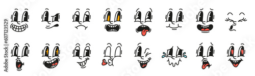 Cartoon facial expressions. Mascot rubber emotions, old animation character face, funny smiles, laughter and sadness, tears and anger, eyes and nose and mouth, tidy vector isolated set
