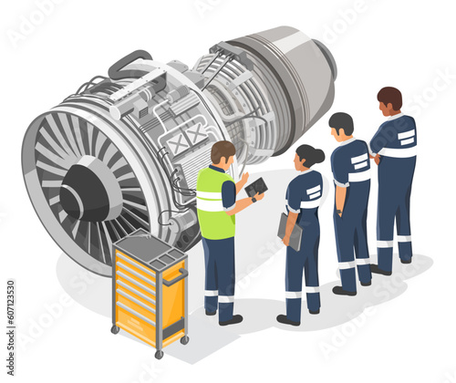 Aircraft engineer training school with jet engine technicians checking service maintenance airplane turbine isometric isolated vector